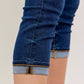 Judy Blue high waist capri jeans in dark blue denim with rolled cuffs, tan stitching