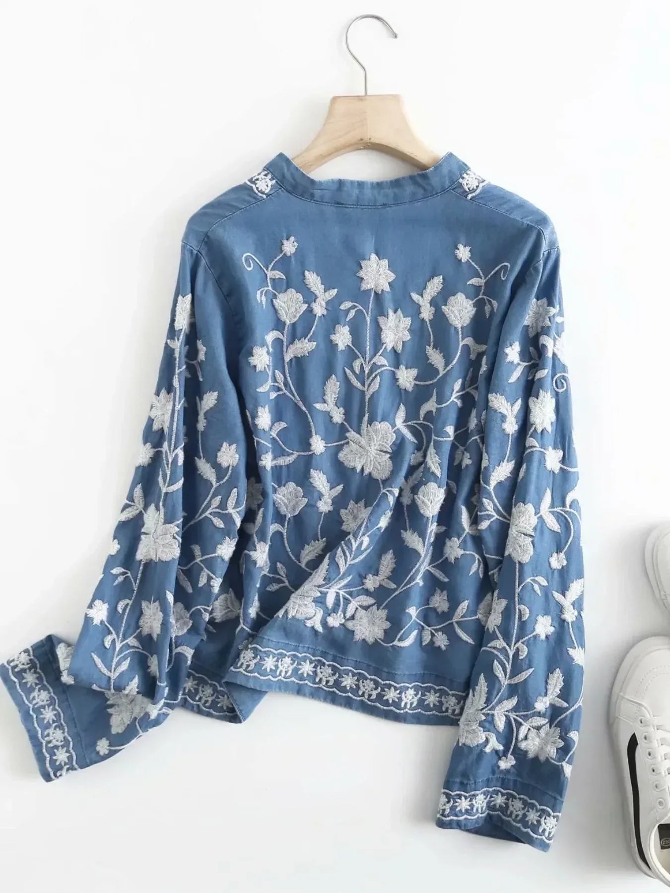 Floral Embroidered Button Up Denim Shirt - DAVERRI FASHIONS