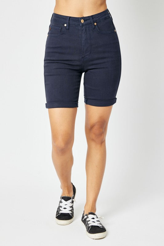 Judy Blue High Waist Tummy Control Bermuda Shorts Dark Blue Denim Shorts