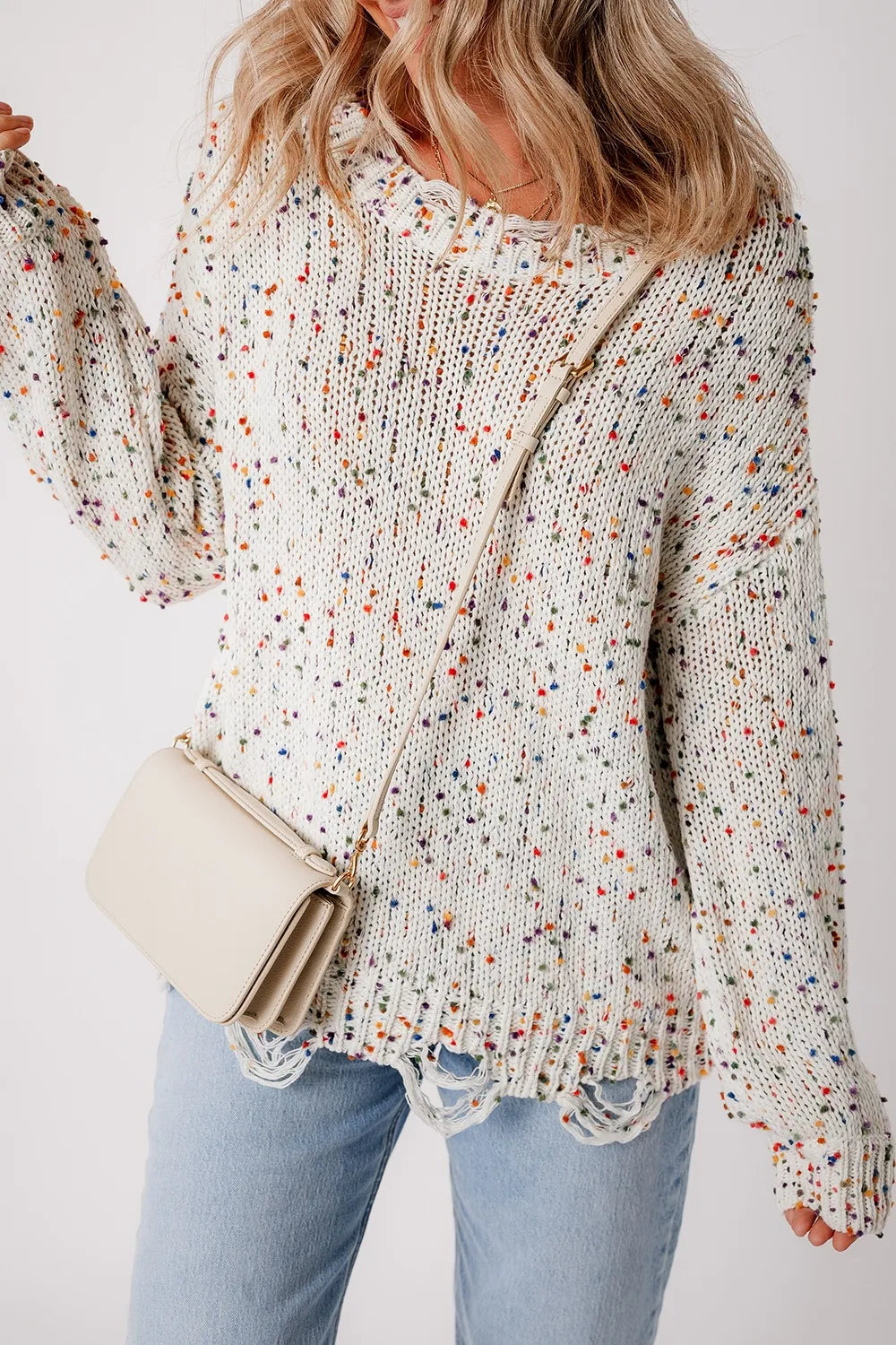 Confetti Distressed Hem Long Sleeve Sweater | Sweaters Daverri Fashions