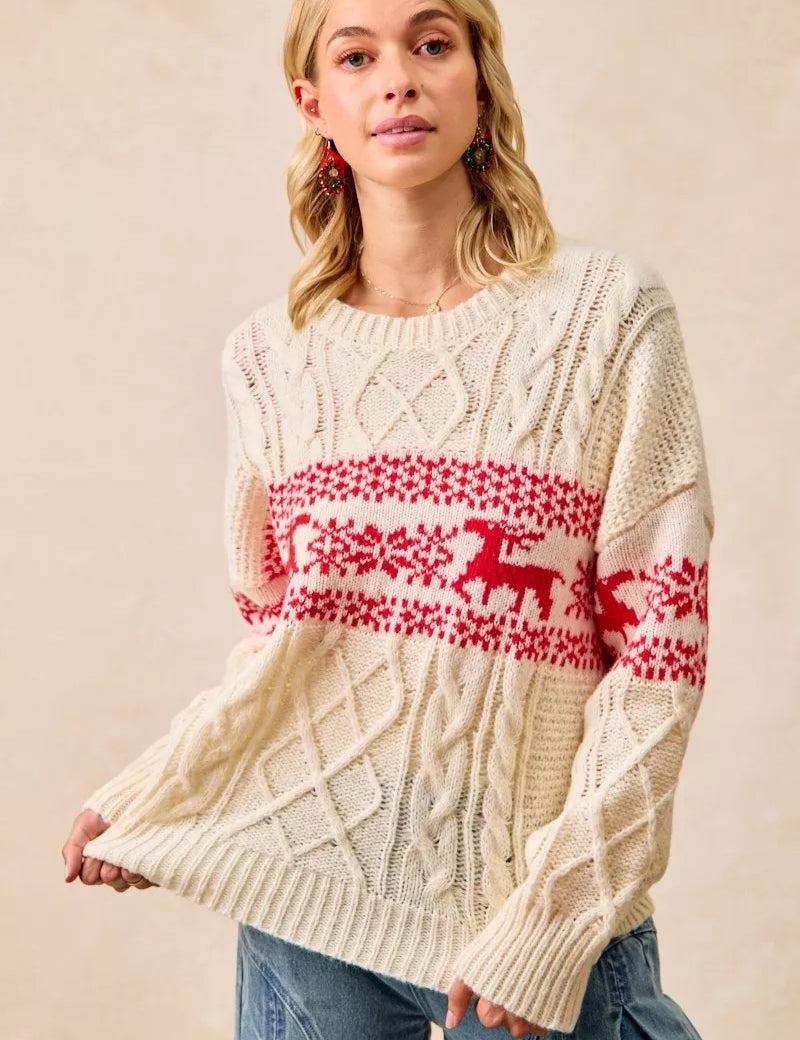 RED S BiBi Christmas Theme Patterned Cable Knit Sweater | Daverri Fashions