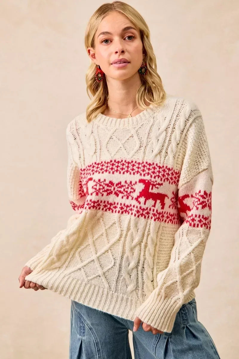 BiBi Christmas Theme Patterned Cable Knit Sweater - DAVERRI FASHIONS