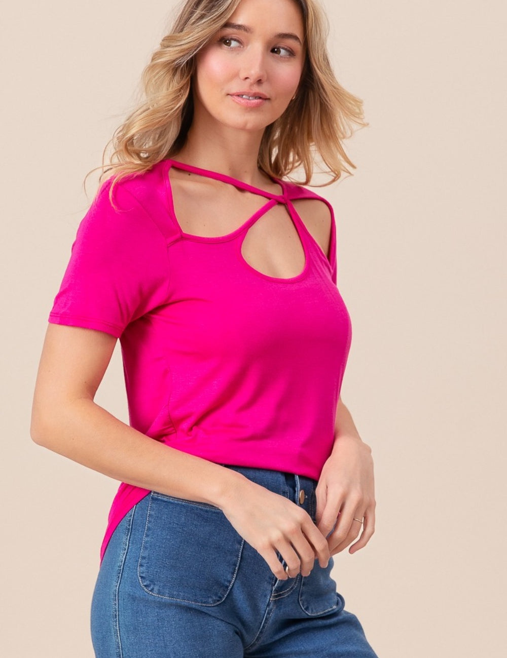 BiBi Cutout Asymmetrical Neck Short Sleeve T-Shirt