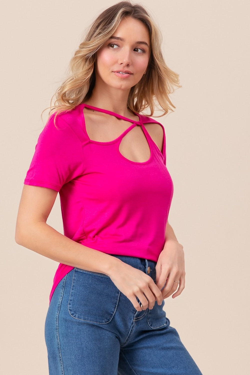 BiBi Cutout Asymmetrical Neck Short Sleeve T-Shirt T-Shirts