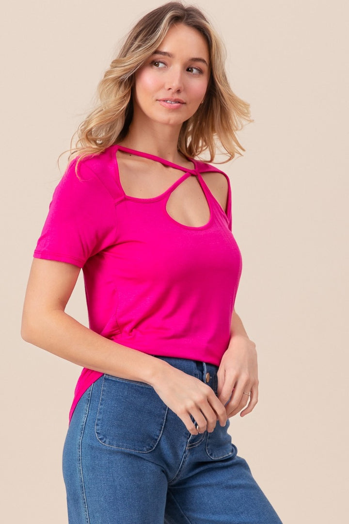 BiBi Cutout Asymmetrical Neck Short Sleeve T-Shirt T-Shirts