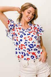 BiBi Leopard Notched Ruffled Cap Sleeve Blouse | Blouses Daverri Fashions