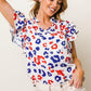 BiBi Leopard Notched Ruffled Cap Sleeve Blouse Blouses