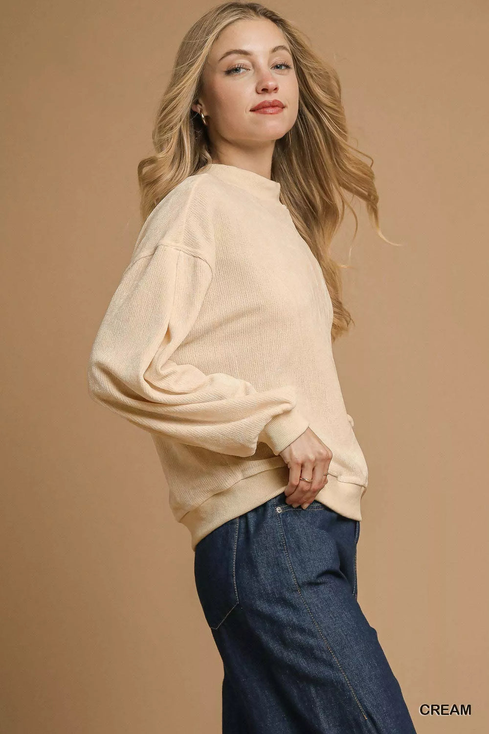 Umgee Velour Crewneck Balloon Sleeve Sweatshirt | Daverri Fashions