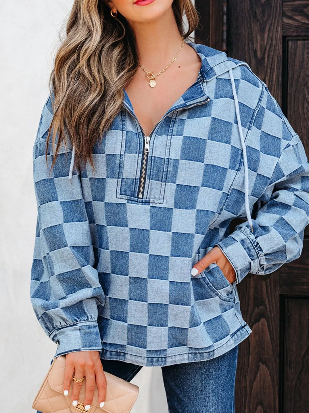 Medium Checkered Half Zip Denim Hoodie Top | Hoodies Daverri Fashions