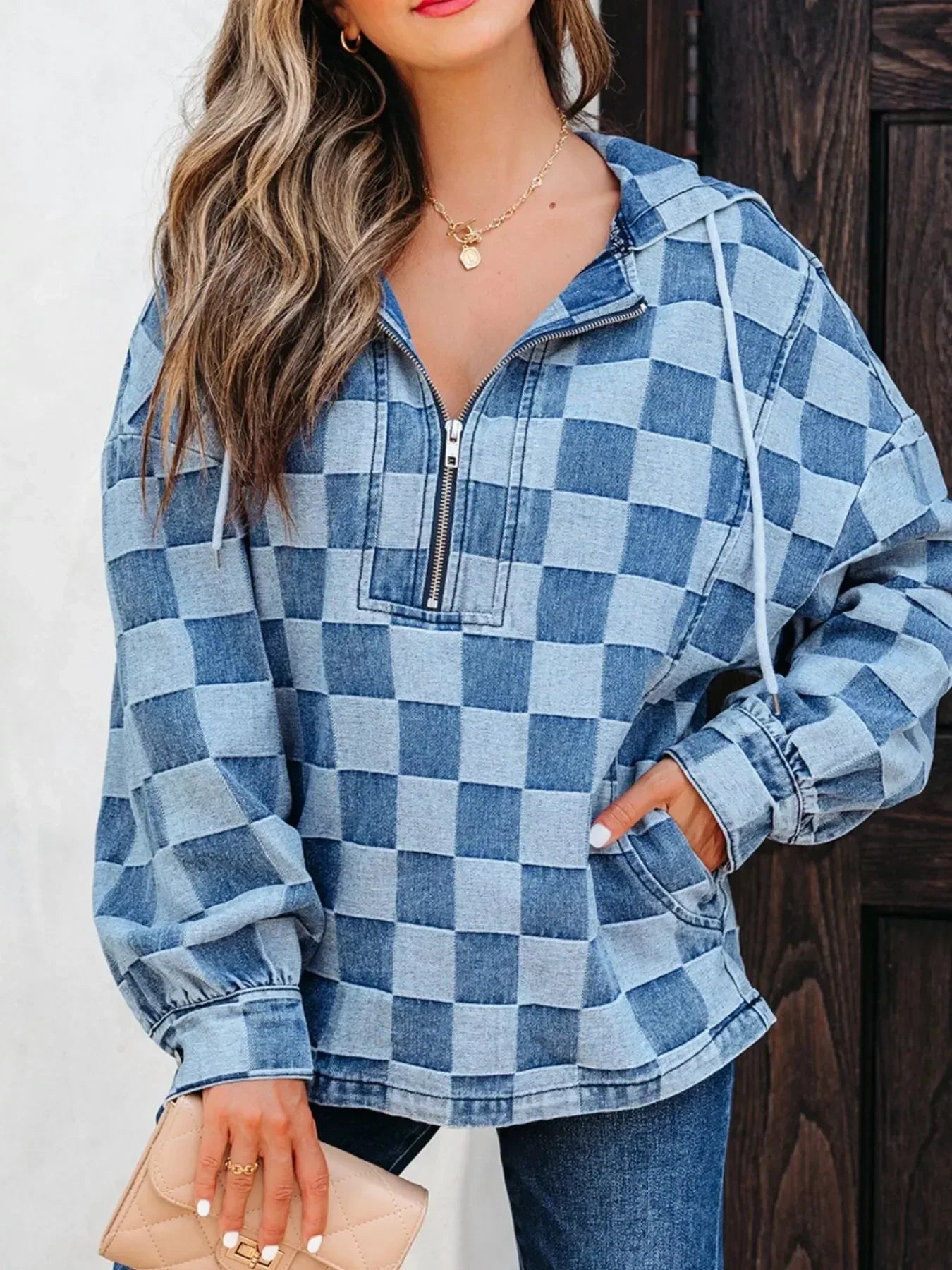 Checkered Half Zip Denim Hoodie Top - DAVERRI FASHIONS