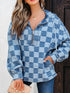 Checkered Half Zip Denim Hoodie Top - DAVERRI FASHIONS