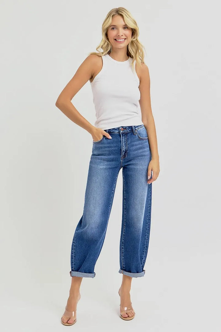 RISEN Full Size High Rise Crop Mild Barrel Jeans Plus Size Jeans