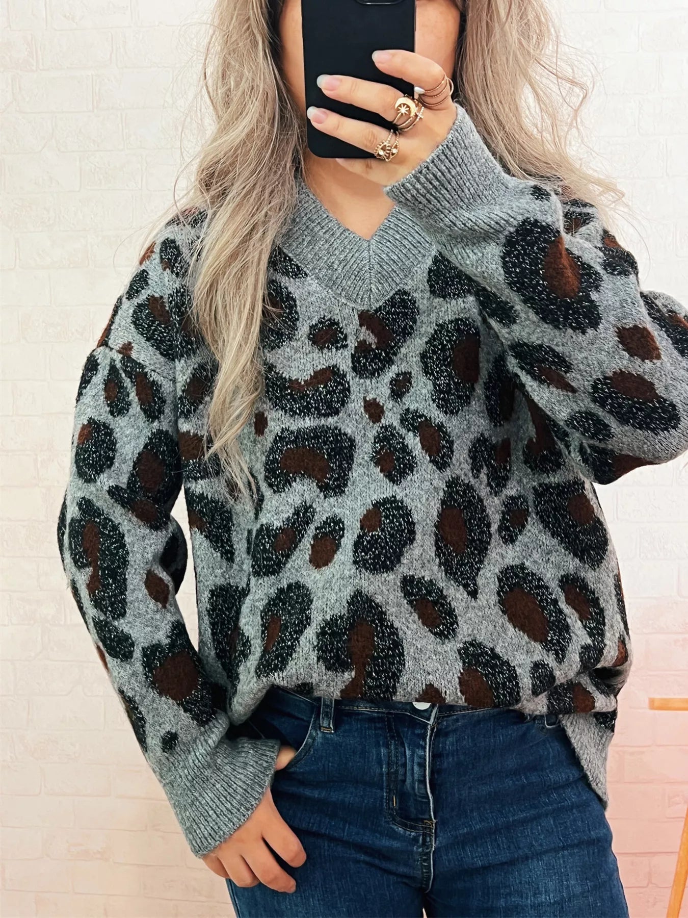 Leopard V-Neck Drop Shoulder Sweater | Sweaters Daverri Fashions