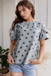 Light gray star print tiered ruffled sleeve crew neck t-shirt