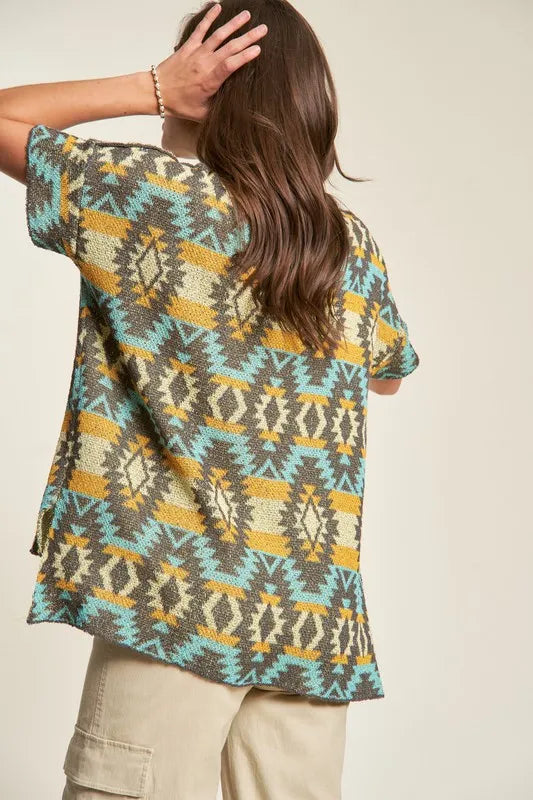 Davi & Dani high-low geometric knit top in teal, mustard, gray