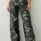 Military green and gray camo high-waist cargo pants with large pockets