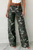Military green and gray camo high-waist cargo pants with large pockets