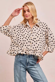 BiBi Polka Dot Printed Peplum Top with Front Button | Blouses Daverri Fashions