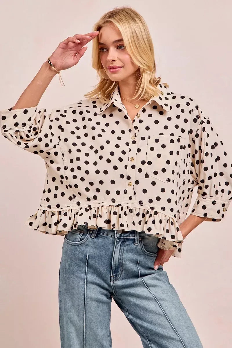 BiBi Polka Dot Printed Peplum Top with Front Button - DAVERRI FASHIONS