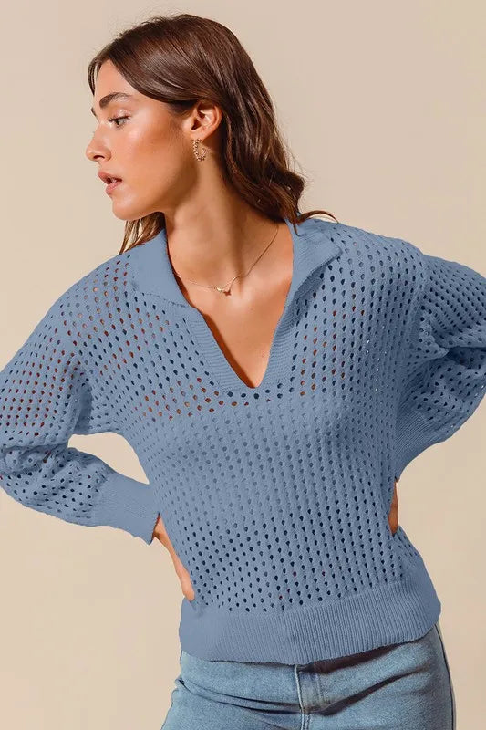 SO ME Open Knit Polo Sweater Top DENIM