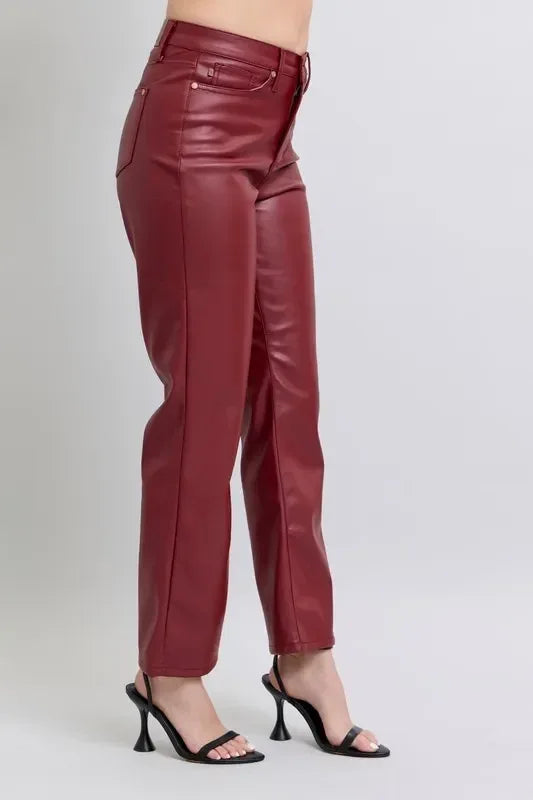 Judy Blue High Waist Tummy Control Faux Leather Straight Pants Plus Size - DAVERRI FASHIONS