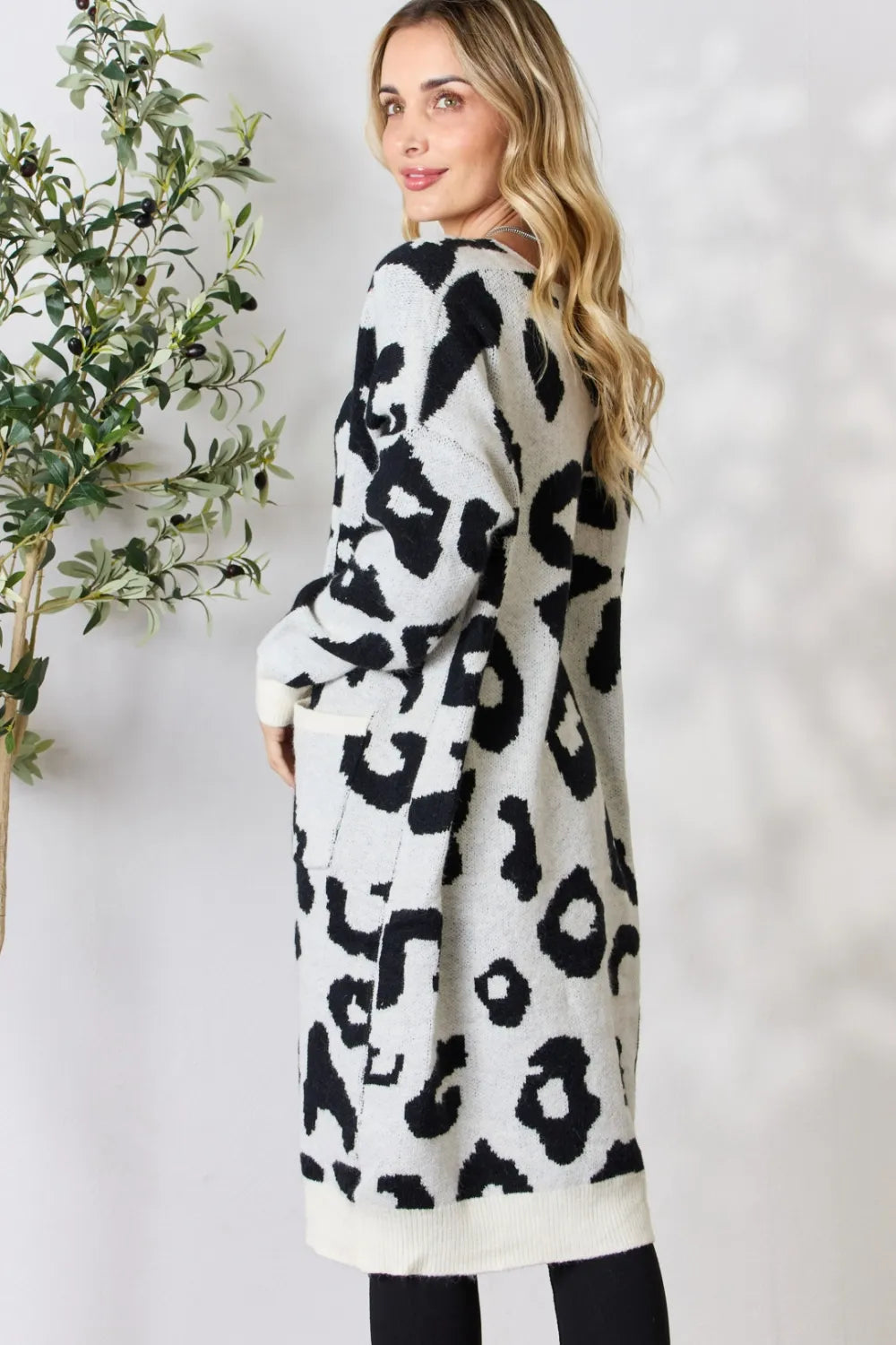 BiBi Leopard open front cardigan in cream knit with black print, size S
