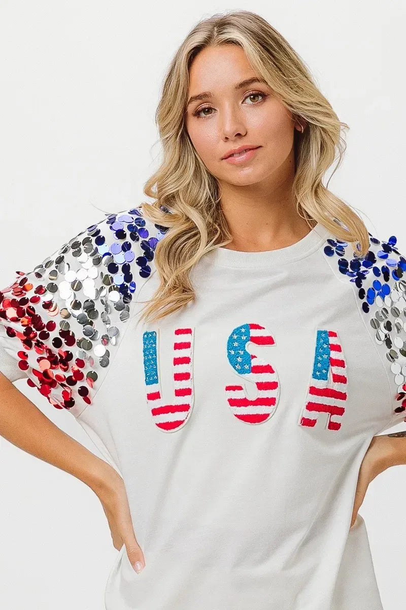 BiBi American Flag Theme Sequin Top - DAVERRI FASHIONS