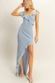 DUSTY BLUE HYFVE Chiffon Ruffle Trim Midi Dress | Daverri Fashions