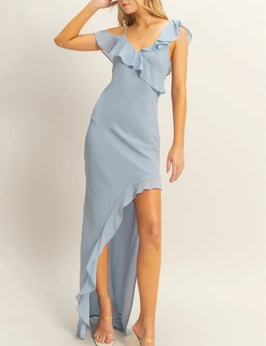 DUSTY BLUE HYFVE Chiffon Ruffle Trim Midi Dress | Daverri Fashions
