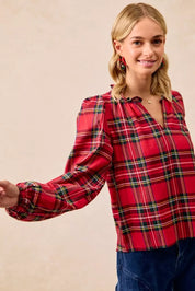 BiBi Christmas Plaid Balloon Sleeves Ruffled V-Neck Top | Daverri Fashions