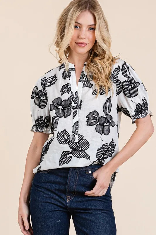 Lime 'N' Chili Embroidered Split Neck Puff Sleeve Blouse