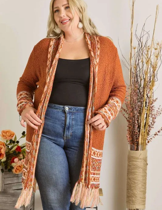 ADORA Plus Size Fringe Hem Aztec Border Cardigan | Cardigans Daverri Fashions