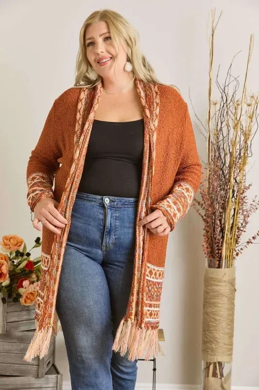 ADORA Plus Size Fringe Hem Aztec Border Cardigan - DAVERRI FASHIONS