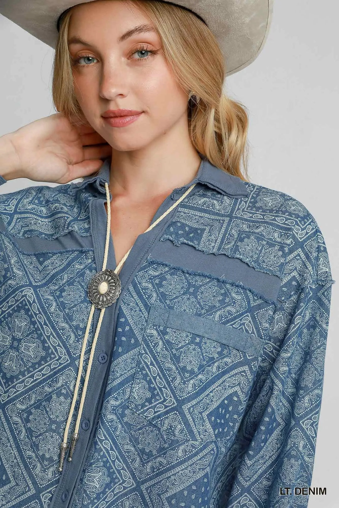 Umgee Paisley Print Denim Shirt Jacket Shackets
