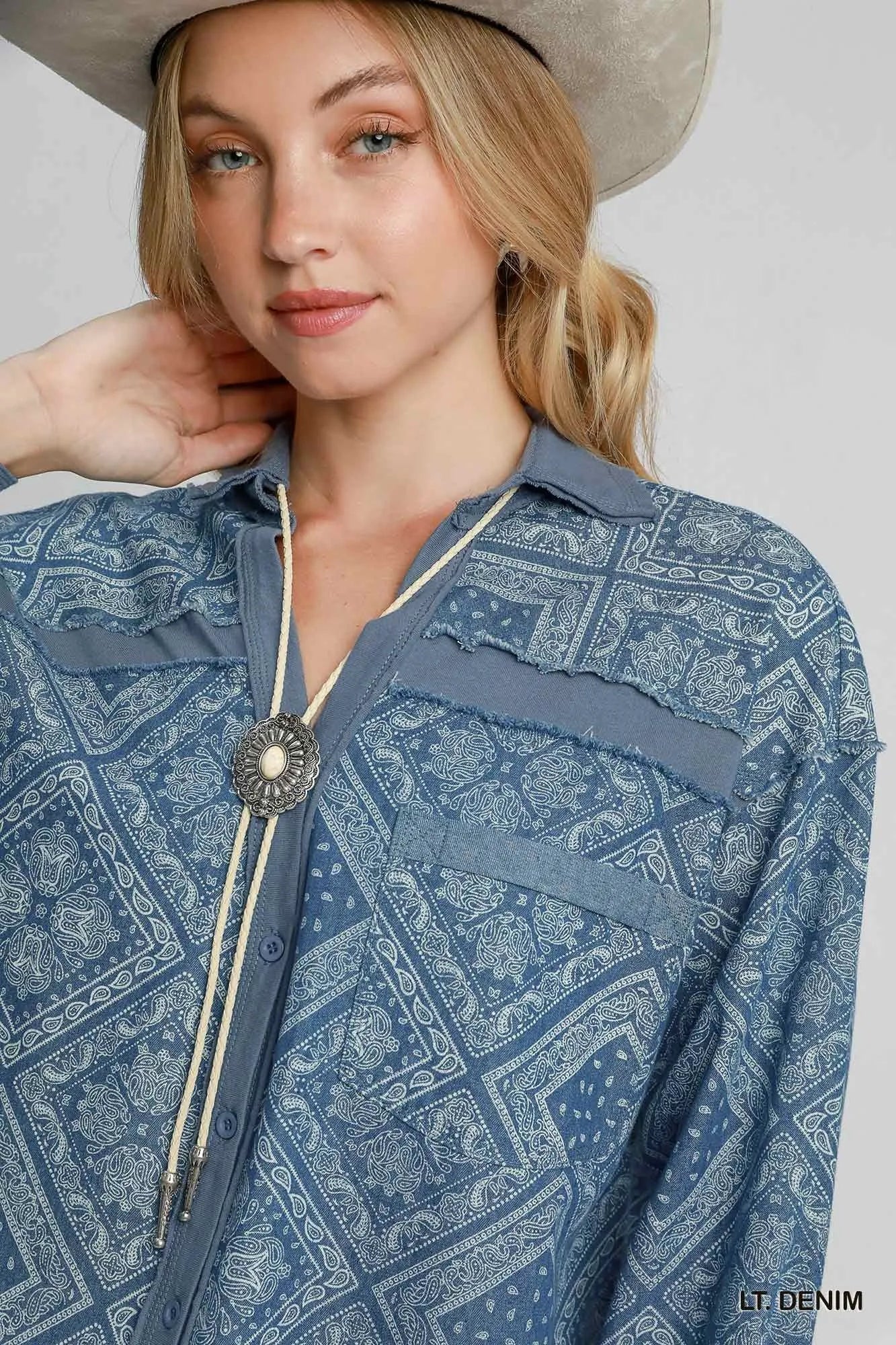 Umgee Paisley Print Denim Shirt Jacket Shackets