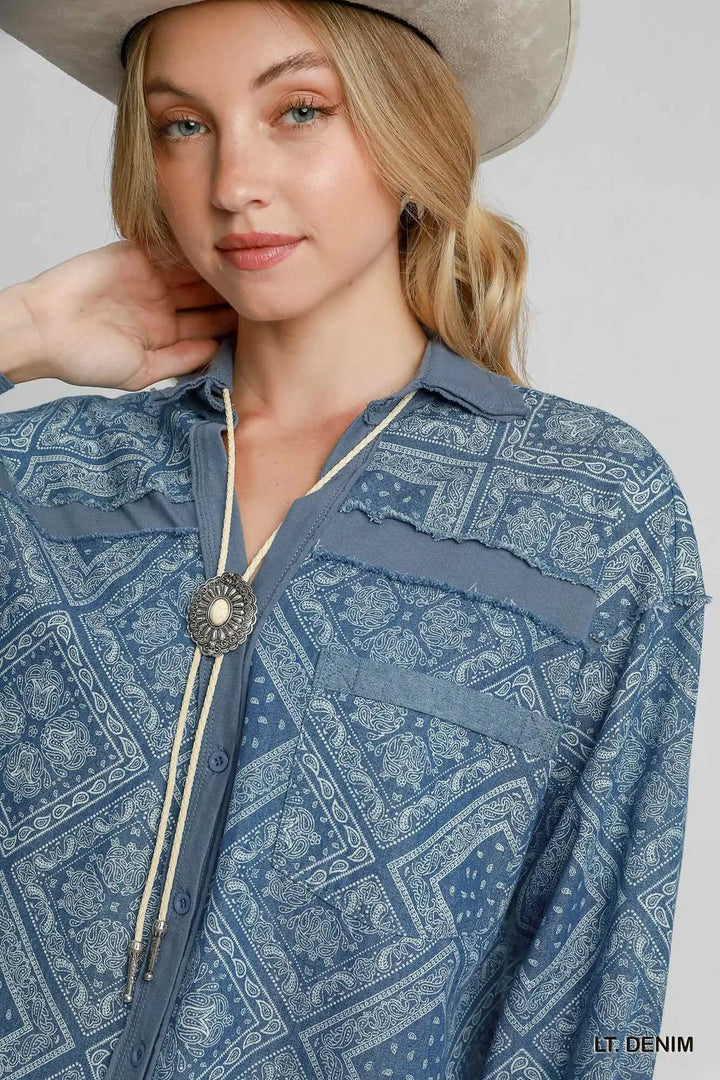 Umgee Paisley Print Denim Shirt Jacket Shackets