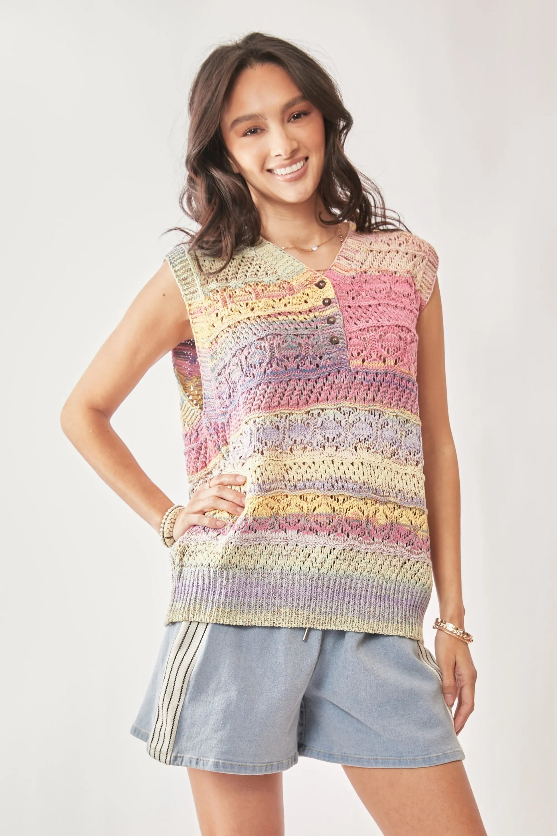 Davi & Dani pastel rainbow striped crochet sleeveless vest top