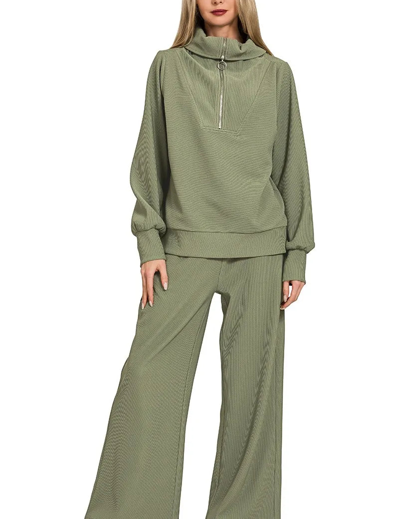 LT OLIVE Zenana Ribbed High Neck Half Zip Pullover & Pants Set | Loungewear Sets Daverri Fashions