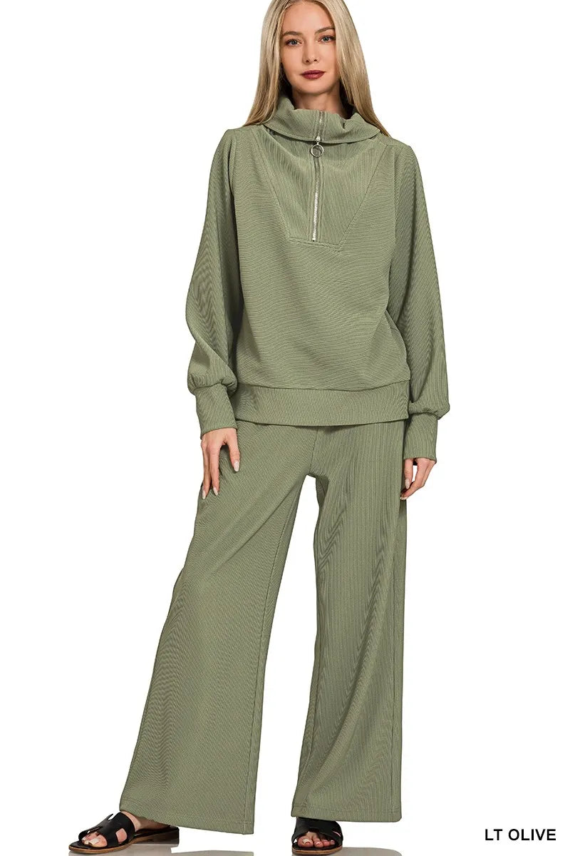 Zenana Ribbed High Neck Half Zip Pullover & Pants Set LT OLIVE Outfit Sets