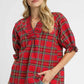 Umgee Plaid Smocked V-Neck Flannel Top Red