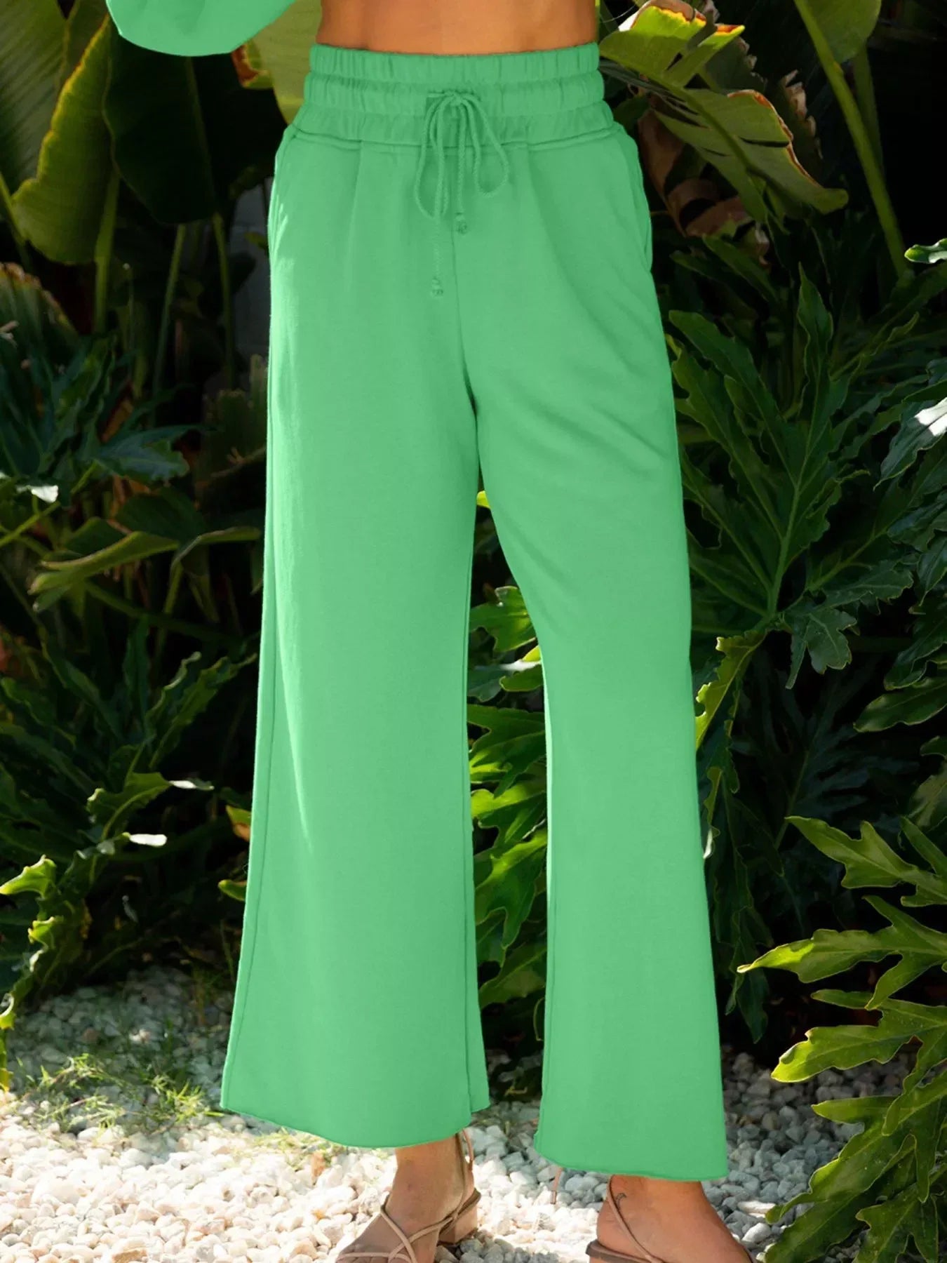 Drop Shoulder Puff Sleeve Crop Top and Drawstring Wide Leg Pants Set - DAVERRI FASHIONS