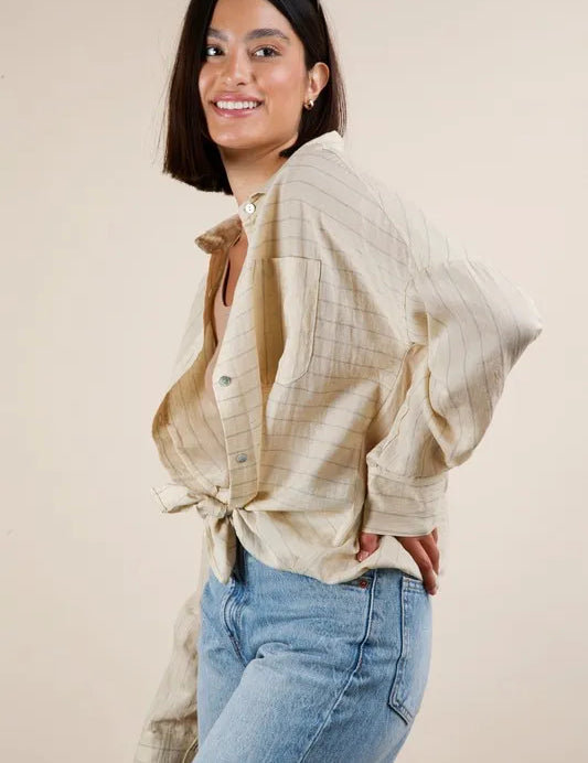 VERY J Full Size Oversized Striped Button Down Shirt Top Plus Size | Shirts Daverri Fashions