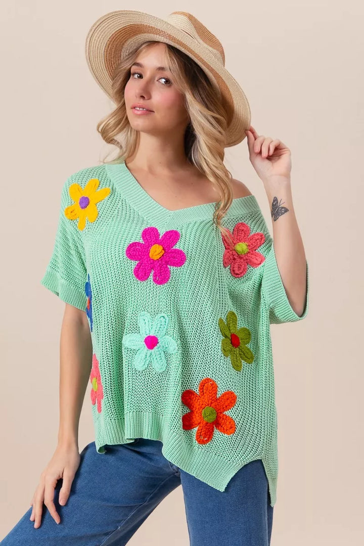 BiBi Flower Patches Dolman Sleeve Lightweight Sweater | Daverri Fashions