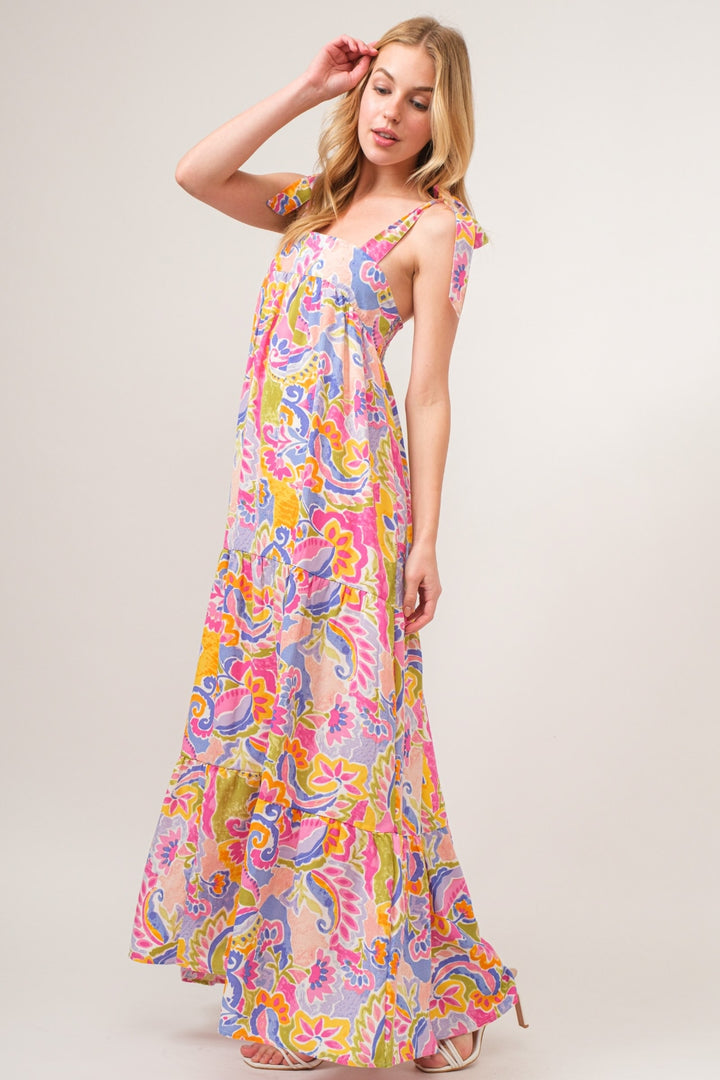 And The Why Full Size Printed Tie Shoulder Tiered Maxi Dress Multicolor