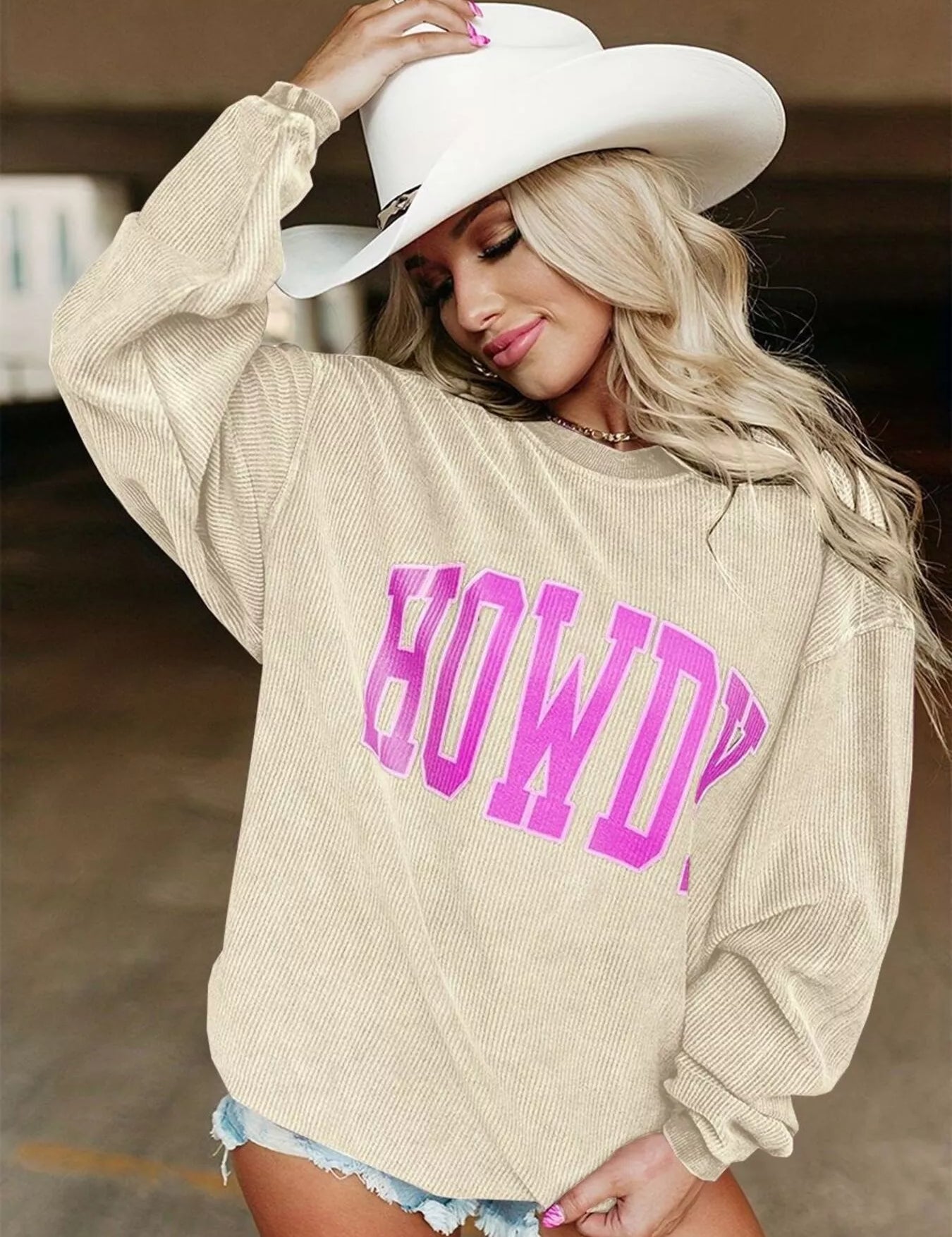 Apricot Full Size Howdy Round Neck Oversized Sweatshirt Plus Size | Sweatshirts Daverri Fashions