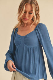 Aemi + Co Ruched Sweetheart Neck Balloon Sleeve Blouse Blue | Blouses Daverri Fashions