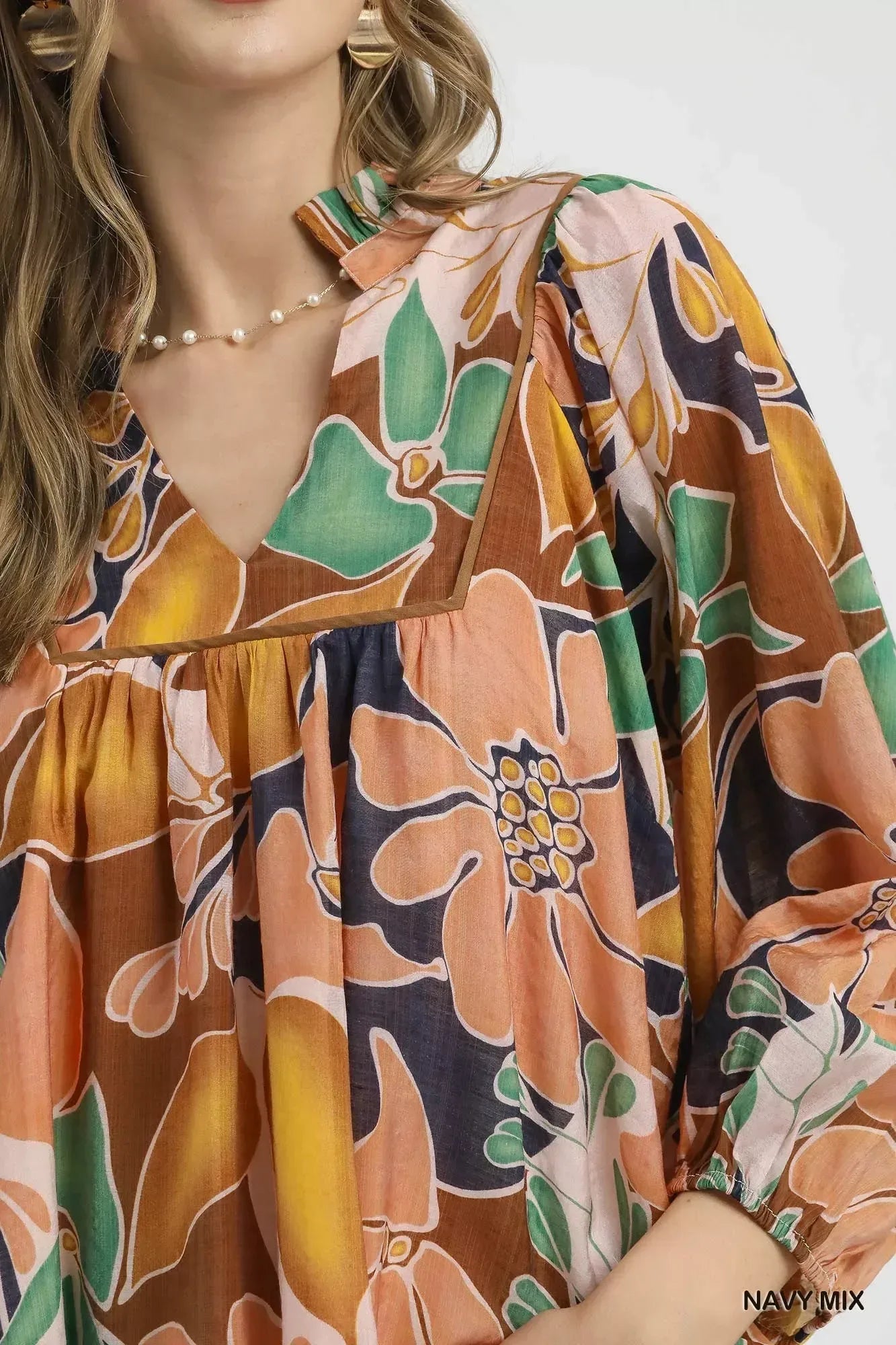 Umgee Multicolor Abstract Floral Print Blouse with Ruffle Neck - DAVERRI FASHIONS