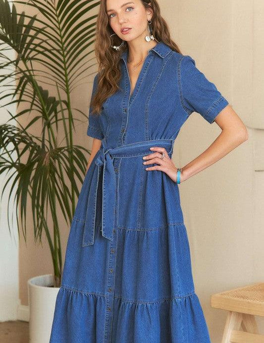 Dark ADORA Tiered Button Down Tie Waist Short Sleeve Denim Dress | Daverri Fashions