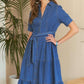 ADORA Tiered Button Down Tie Waist Short Sleeve Denim Dress - DAVERRI FASHIONS