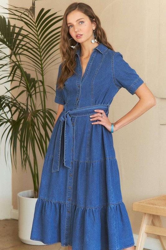 ADORA Tiered Button Down Tie Waist Short Sleeve Denim Dress - DAVERRI FASHIONS